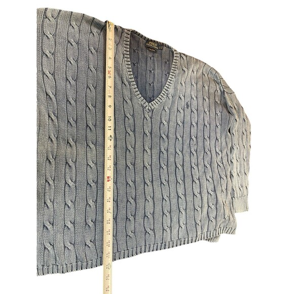 Polo Ralph Lauren Women’s Sweater L Distressed Blue Cable Knit V-Neck Preppy - Picture 4 of 11